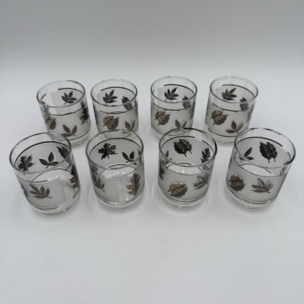 Vintage Libbey Silver Leaf Frosted Glass Set of 8 Mid Century Modern Style 3”